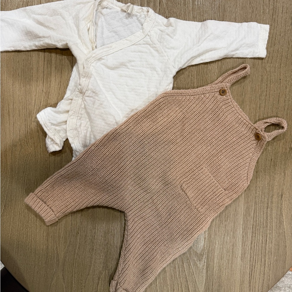 White Wrap Top and Brown Knit Overalls Set